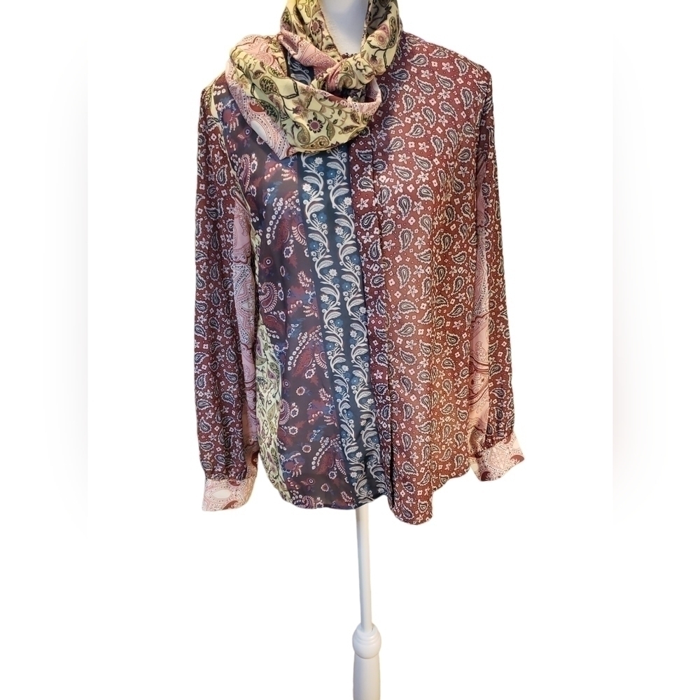 Soft Surroundings Multi print color Paisley Neck Tie Blouse Semi-sheer size smal - Picture 2 of 11
